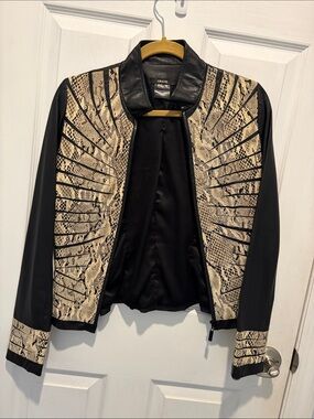Black Leather Jacket with Beige Snake-Print Panels